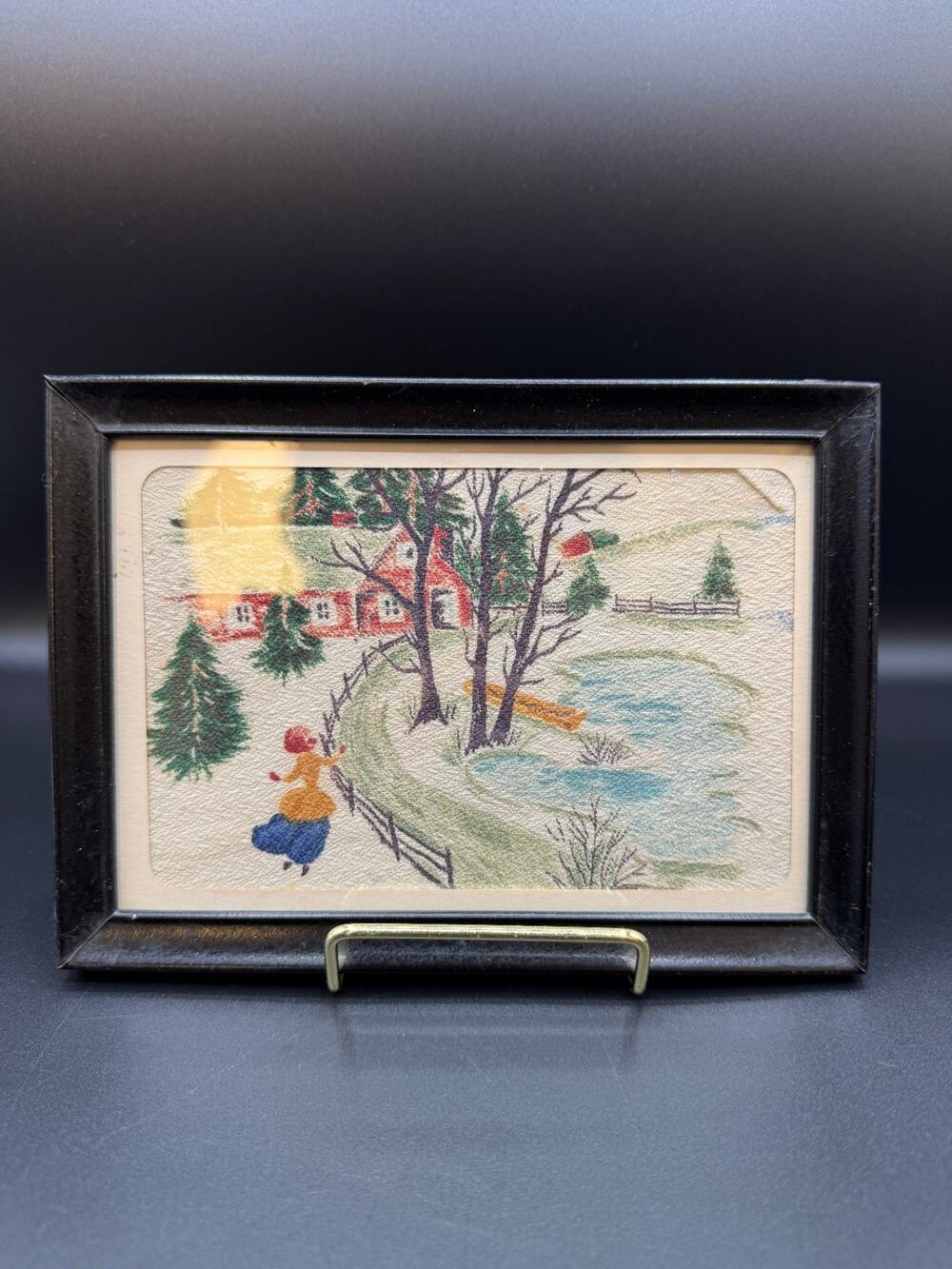 VTG Watercolor on Fabric Framed Artwork, Pair
